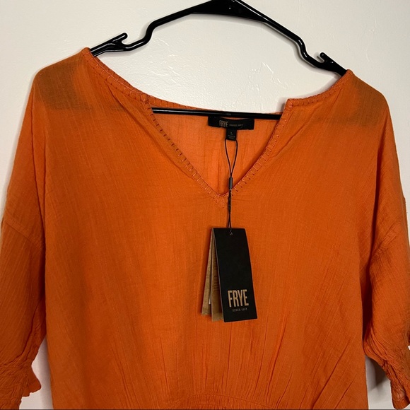 NWT Frye Womens Top Size Large Split Neck Smocked Waist Short Sleeve Orange Rust - Picture 5 of 12